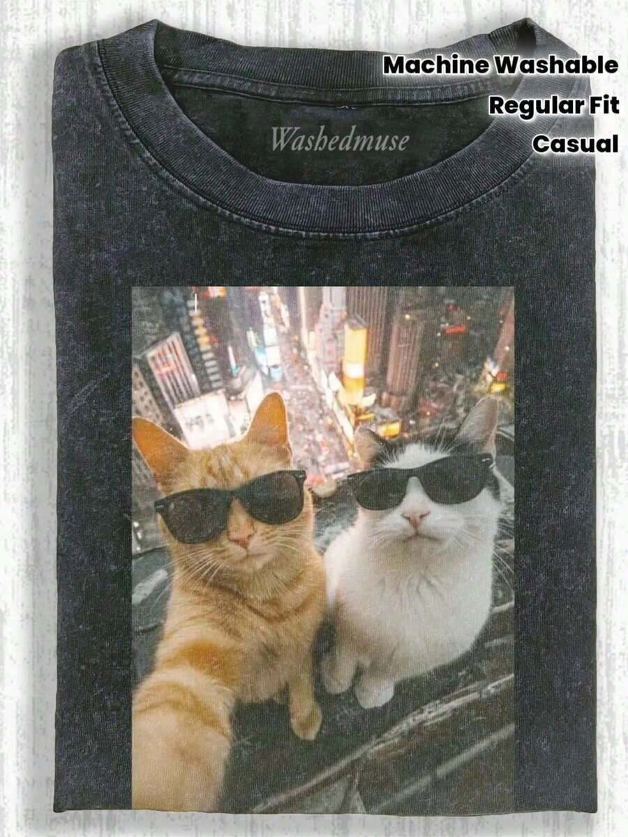 Men's And Women's 100% Cotton 1 Piece Of Funny Graphic T-Shirt With Cat Design, Men's Cotton T-Shirt, 230g, Washed Short Sleeve T-Shirt, Suitable For Halloween Gifts - 黑4 - 查看 1