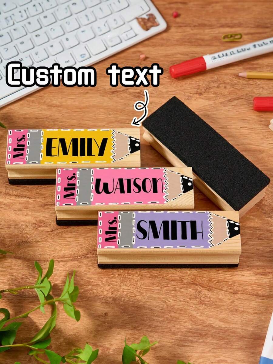 1pc Custom Teacher Name Large Size Chalkboard Eraser, Personalized Wooden Blackboard Eraser With Cute Pencil Design, Customizable Text (Mrs./Ms./Mr. + Name) In Multiple Colors, Ideal Classroom Gift For Teachers, Back To School Gift - Multicolor - View 1
