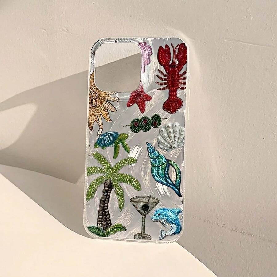 1pc Lobster Dolphin Coconut Tree Starfish Shell Ocean Pattern Premium Feel Feather Tulle IMD Full Coverage Shockproof Fashion Phone Case Compatible With IPhone17 16 15 14 13 12 11proamx/Plus 7/8/Air Anti-Fingerprint Protective Cover - Multicolor - View 1