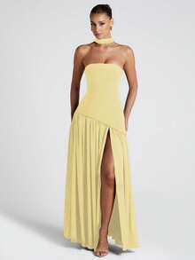 Women's Elegant Fashion Party Dress, Fitted Plain, Open Back, Floating Ribbon, European Style, New - Yellow - View 9