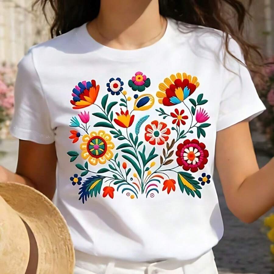 Camiseta de manga corta de algodón puro con cuello redondo para mujer, con diseño estampado por sublimación, estilo delicado y femenino, look dulce de mamá. - Blanco - Ver 1