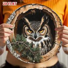 2D Flat - Round Metal Sign, Depicting An Owl Perched In A Tree Hollow, Surrounded By Green Pine Needles, Designed Specifically For Rustic Farmhouse Decor - Multicolor - View 7