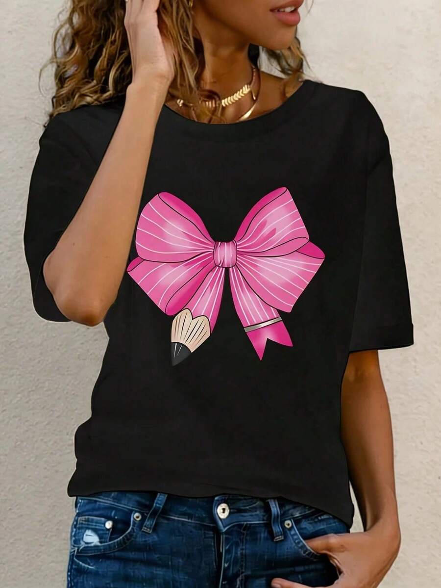 Coquette Teacher Women's Plus Size Short Sleeve T-Shirt, Round Neck, Novelty Design, Casual, Fun, Graphic Print, 100% Polyester, 1 Piece, 220g. - 黑色 - 查看 1