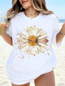 White T-Shirt With Daisy Floral Print, Oversized Summer Top For Women, Casual Beachwear, Lightweight And Breathable Graphic T-Shirt, Fashionable Women's Style - 白色 - 查看 1