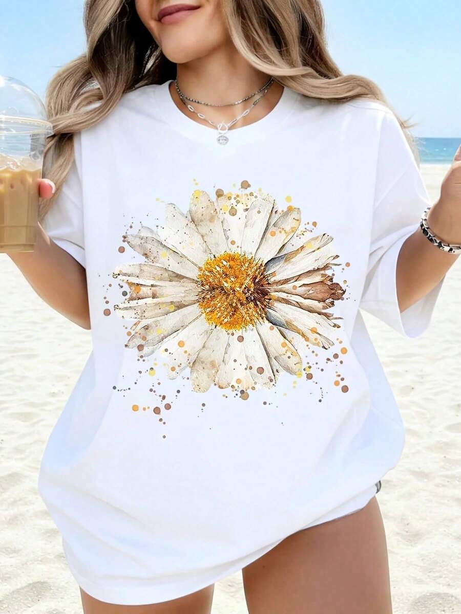 White T-Shirt With Daisy Floral Print, Oversized Summer Top For Women, Casual Beachwear, Lightweight And Breathable Graphic T-Shirt, Fashionable Women's Style - 白色 - 查看 1