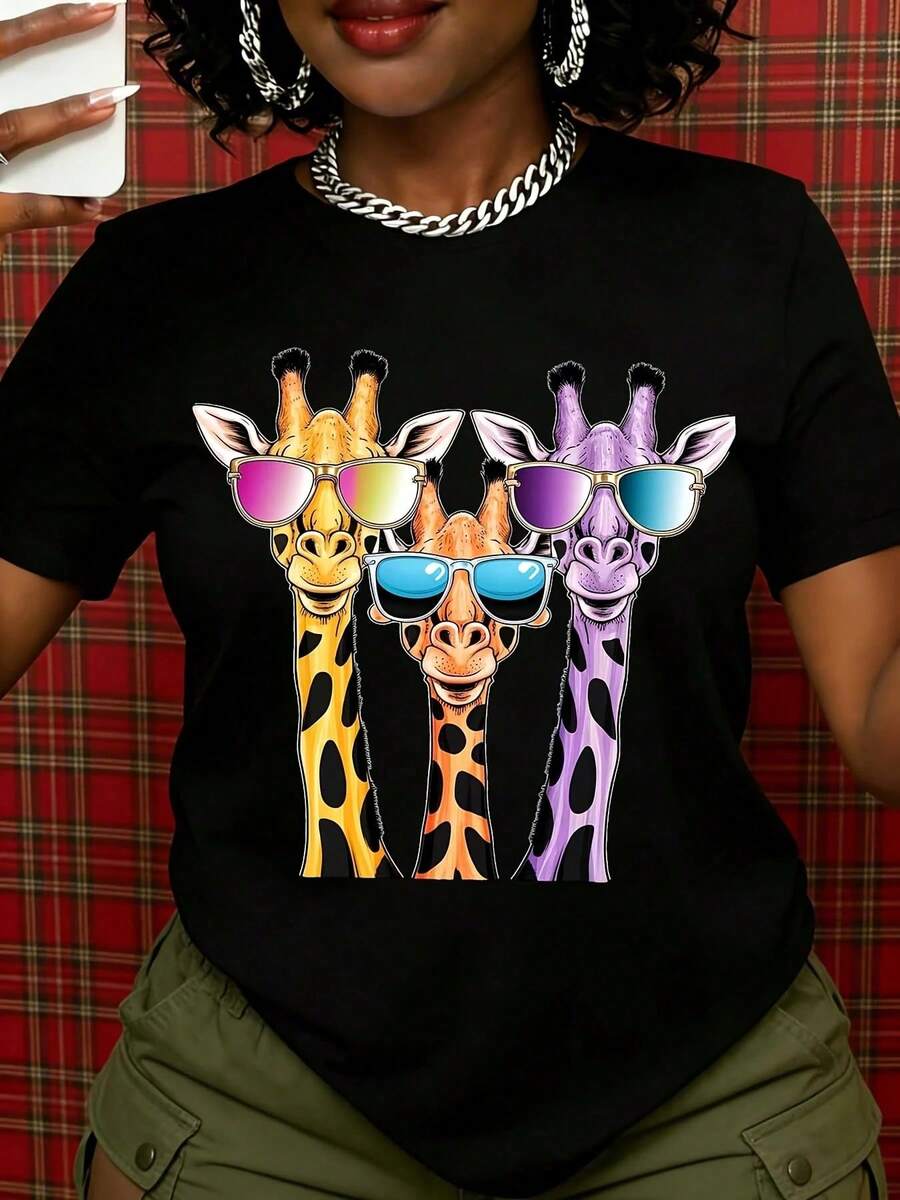 Camiseta Gráfica Colorida de Jirafa con Gafas de Sol para Mujer, Estampado Animal Divertido, Top Casual de Verano, Camiseta de Moda, Regalo para Amantes de las Jirafas - Negro - Ver 1