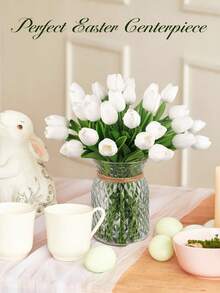 1/5/10/20pcs Artificial Tulips, Realistic Touch Gradient Pink Decorative Bouquet, Suitable For Home Decor, Valentine's Day Gift, Hotel, Party, Wedding, Tabletop Decoration, Beautiful And Odorless - White - View 8