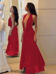 Halter Dress With Deep V-Neck And Matching Tulle, With A Slit, Elegant For Parties And Casual For Spring - Red - View 7