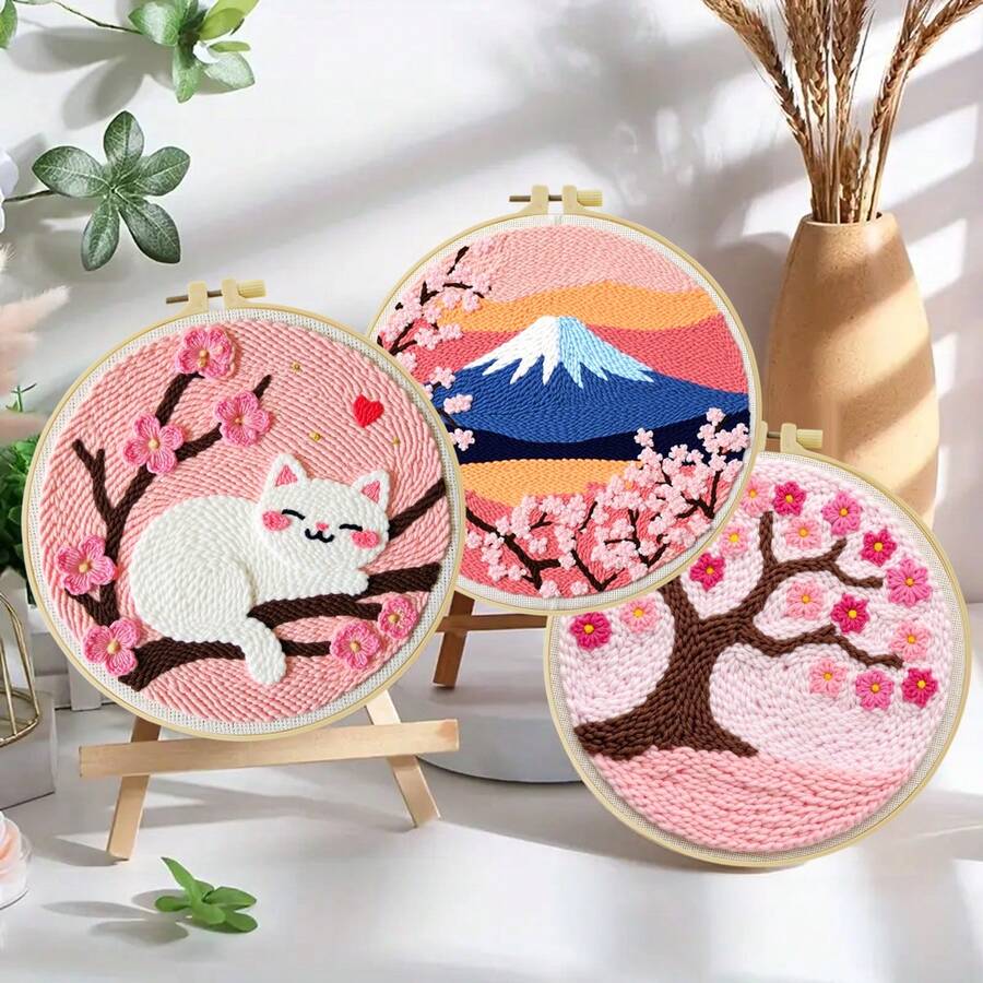 1pc Punch Needle Embroidery Kit, 20*20cm/7.8*7.8in, Includes Pre-Printed Pattern, Yarn, Embroidery Hoop And Needle, Handmade Embroidery DIY Kit, Suitable For Adult Beginners, Home Gift, Women's Sewing Gift