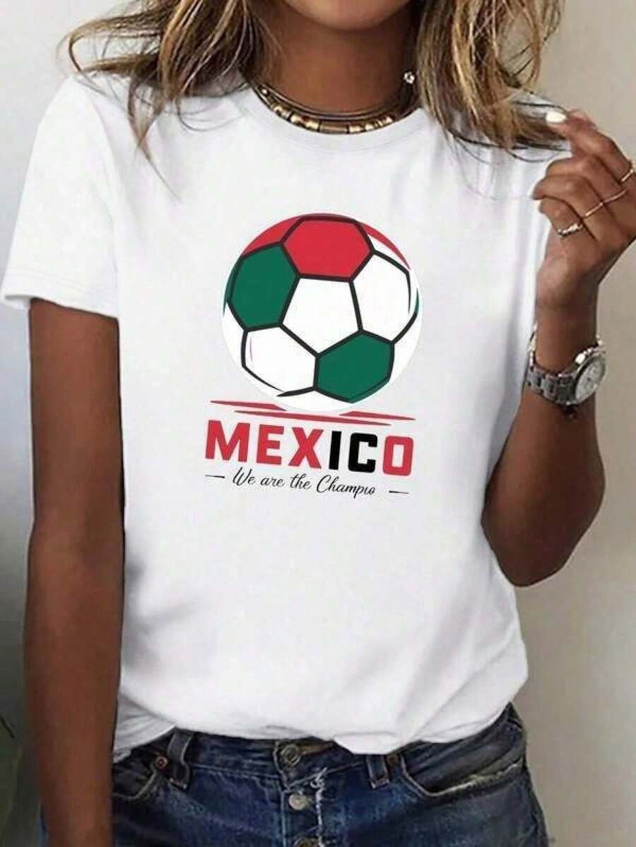 Women's Casual T-Shirt, Round Neck, Vibrant Mexican Flag And Soccer Ball Print, All-Season Comfort, Comfortable Fit, Machine Washable, Multicolor Design, Sports T-Shirt - 白色 - 查看 1