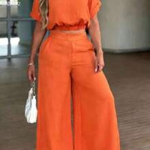 xuehuamaoyi02 Conjunto de top corto con escote entallado y pantalones de pierna ancha de unicolor minimalista para uso casual y diario, elegante en negro para primavera/verano/otoño - Naranja - Ver 1