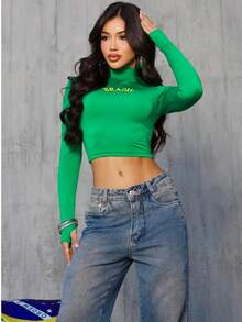 Women's Cropped High Neck Blouse Brazil World Cup Fan - Hijau - View 2