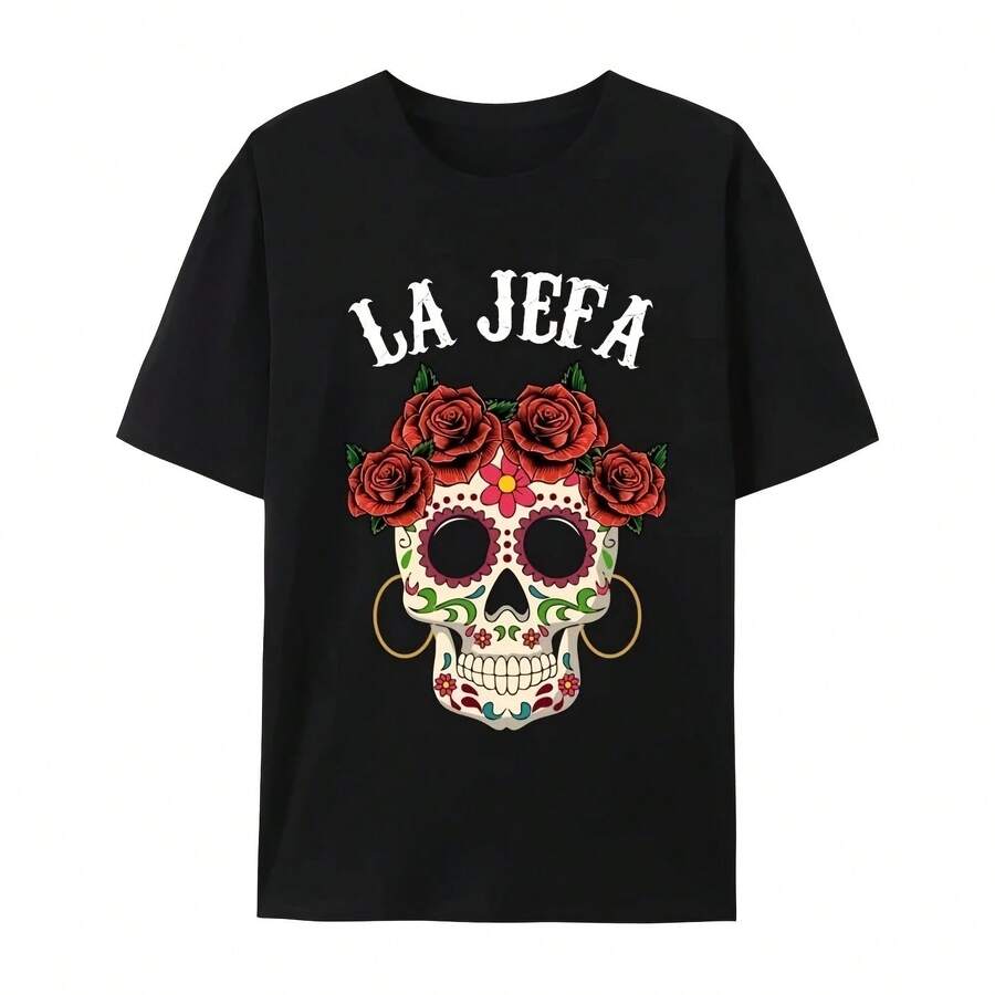 Camiseta de hombre de algodón peinado, La Jefa Sugar Skull, mexicana en declive, Día de los Muertos, regalo Y-Tees adt - Multicolor - Ver 1