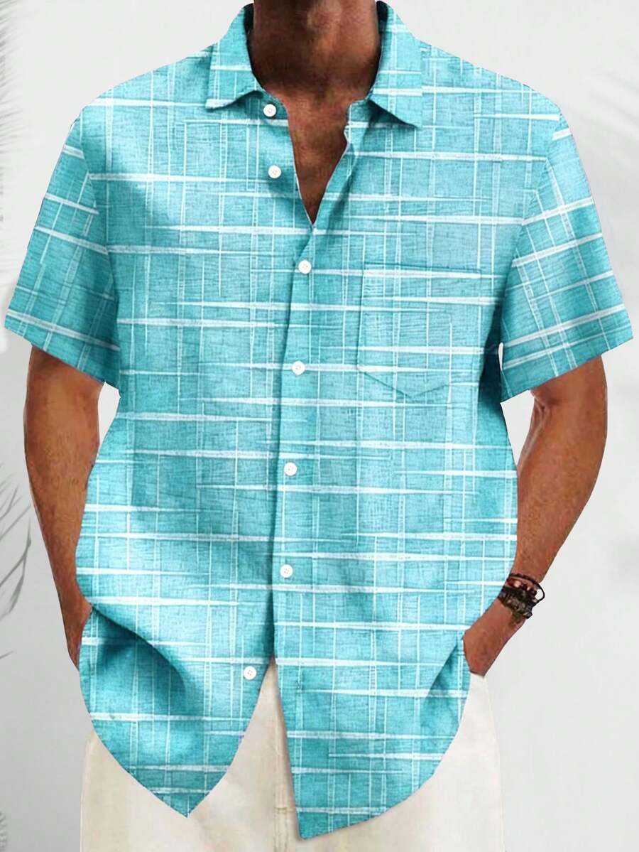 Vintage Geometric Textured Print Men's Plus Size Lightweight Polyester Short Sleeve Shirt - Mint Green - View 1