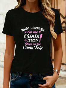 Camiseta para Mujer con Estampado 'Girls Weekend Trip', Talla Grande, Manga Corta, Cuello Redondo, Diseño Novedoso, Casual, Divertida, Gráfica, 100% Poliéster, 1 Pieza, 220g - Negro - Ver 1