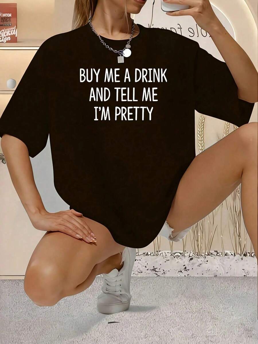Buy Me A Drink And Tell Me I'm Beautiful - 1 Piece Women's Plus Size Graphic Print Short Sleeve T-Shirt, 220g, Novelty, 100% Polyester, Casual Crew Neck Tee - 黑色 - 查看 1