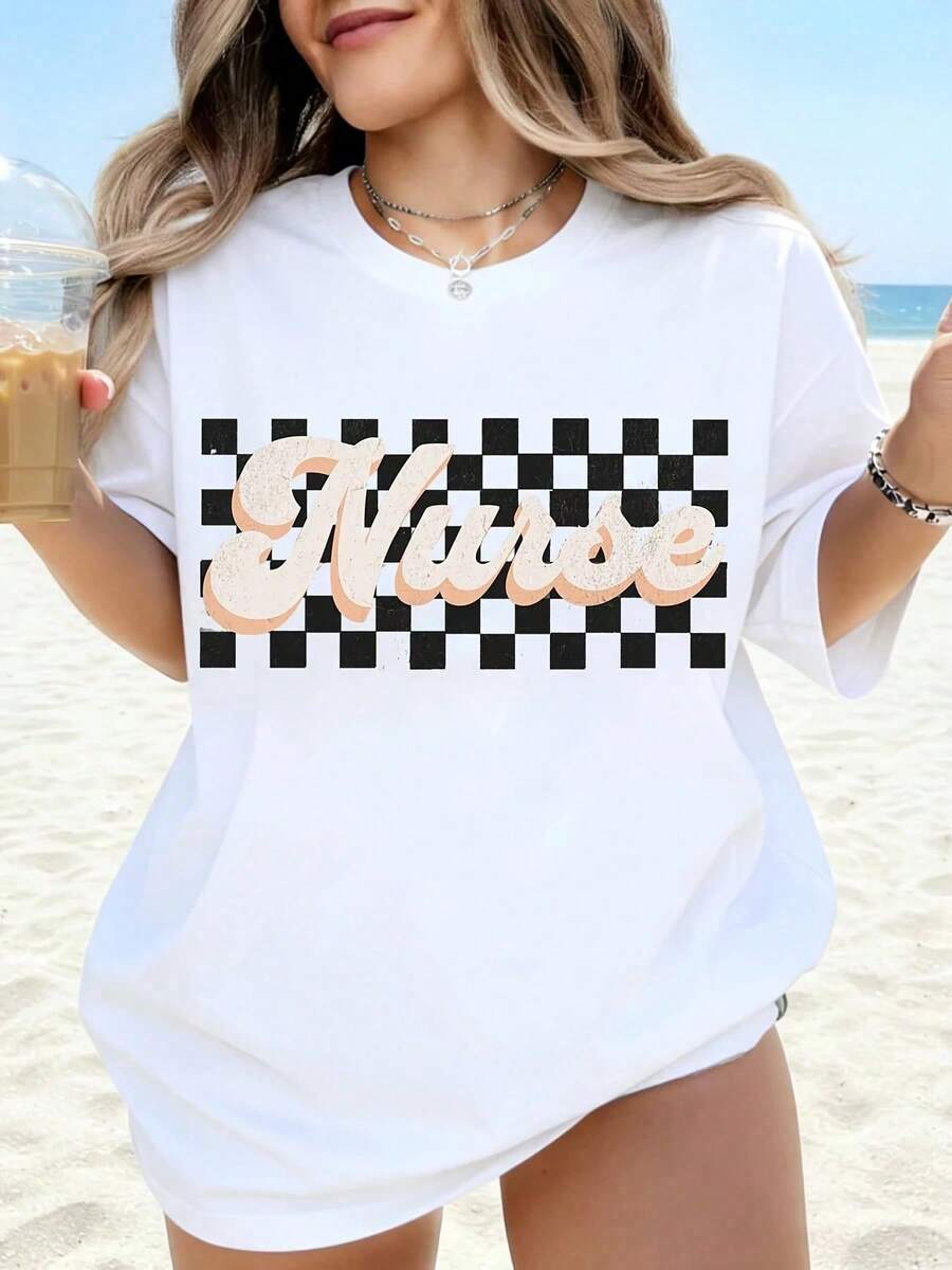 White T-Shirt With Chessboard Print For Nurses, Plus Size, Casual, For Beach, Summer, Gift Idea For Nurses - 白色 - 查看 1