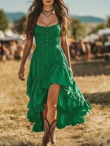 Vintage Strapless Dress With Ruched Bust, Fitted Waist, Elegant European Style, Spring/Summer Fashion For Women - Hijau - View 1