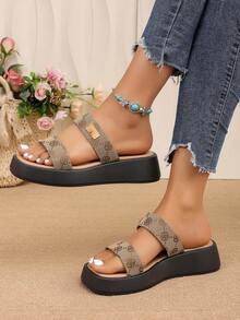 A Pair Khaki Monogram Double-Band Platform Slides, Slip-On Platform Slide Sandals,Casual Thick-Soled Sandals,Height-Increasing Platform Casual Slides - Camel - View 5