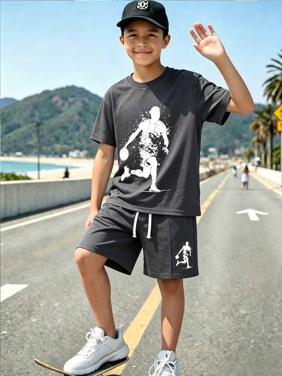 Tween Boy Cartoon Graphic Print Crew Neck Short Sleeve T-Shirt And Shorts Set - Dark Grey - View 1