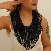 1 Set Collier en perles de bois multicouche exagéré fait main robuste, style bohème européen américain et sud-asiatique, mode vintage élégante pour soirée cocktail, bleu mer, style coréen, vacances et décontracté - Noir - Voir 1
