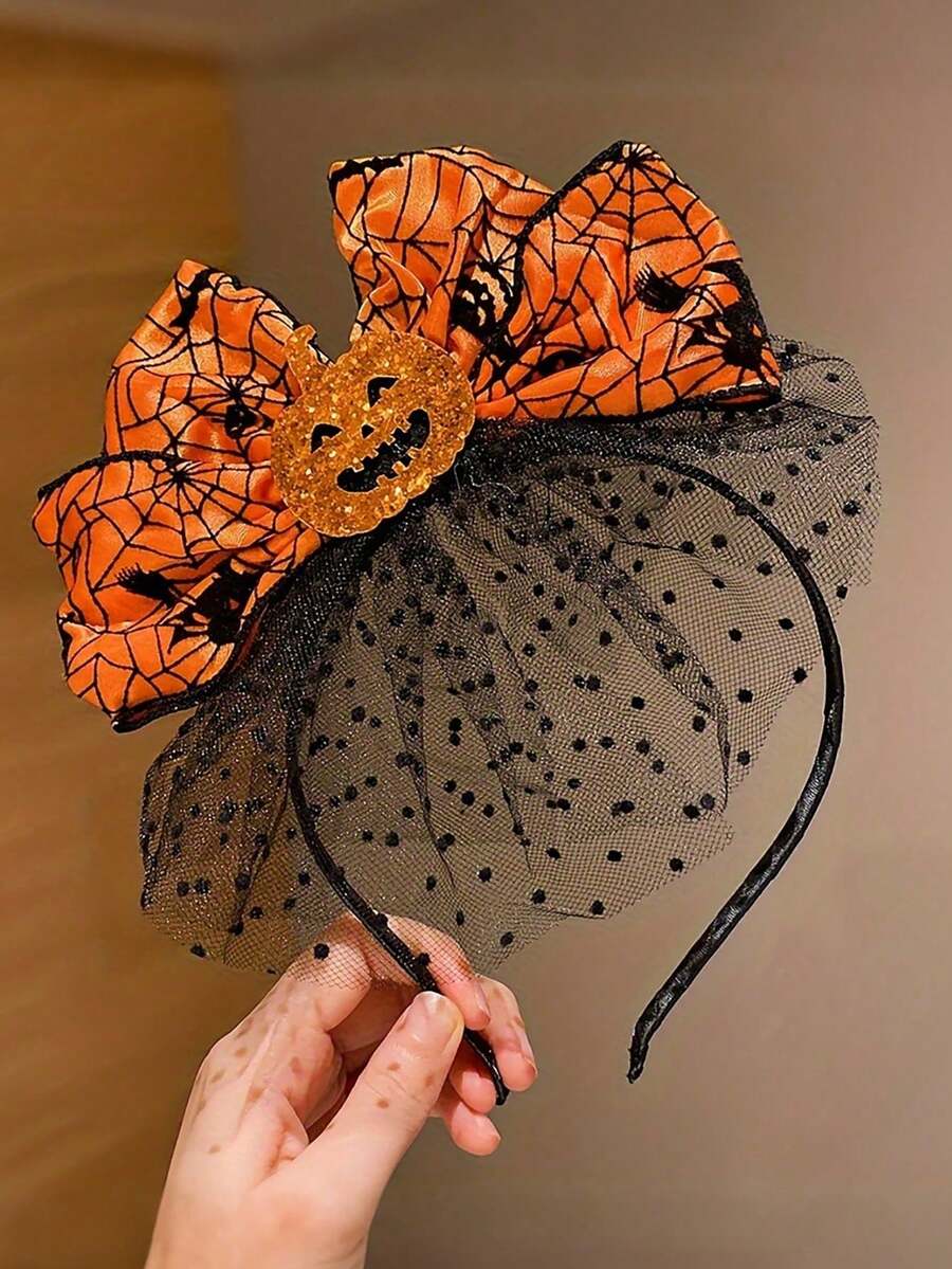 1/2pcs Halloween Pumpkin Headband, Bright Orange Spider Web Bow, Unisex Resin Mesh Headpiece, Adjustable For Adults 15+, Holiday Costume Photo Prop Party Accessory, Suitable For Daily Wear And Photography, Versatile, Vibrant, Easily Enhances Sweet Elegance - View 1