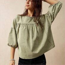 WNS  Blusa holgada de manga abullonada para vacaciones, verde - Café integral - Ver 8