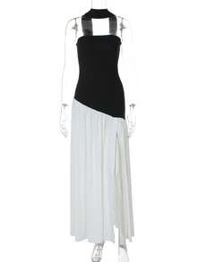 Vestido Mujer Elegante Moda Fiesta Bandejo Ajustado Liso Abertura Espalda Descubierta Cinta Flotante Estilo Europeo Nuevo - Blanco y Negro - Ver 4
