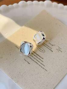 Oval Cat's Eye Silver Trim Stud Earrings Multi-Color Optional Soft Square Edge Polished Alloy Daily Commute Dating Jewelry - Rounded Square - View 9