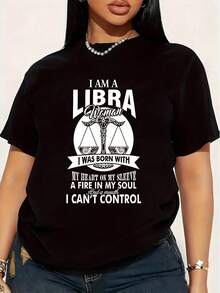 Soy una mujer de LIBRA con gráfico de báscula, cita motivacional, camiseta de talla grande para mujer, 1 pieza, camiseta divertida de manga corta con gráfico de gran tamaño, novedosa, 100% a - Negro - Ver 1