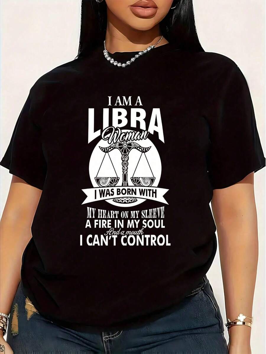 Soy una mujer de LIBRA con gráfico de báscula, cita motivacional, camiseta de talla grande para mujer, 1 pieza, camiseta divertida de manga corta con gráfico de gran tamaño, novedosa, 100% a - Negro - Ver 1
