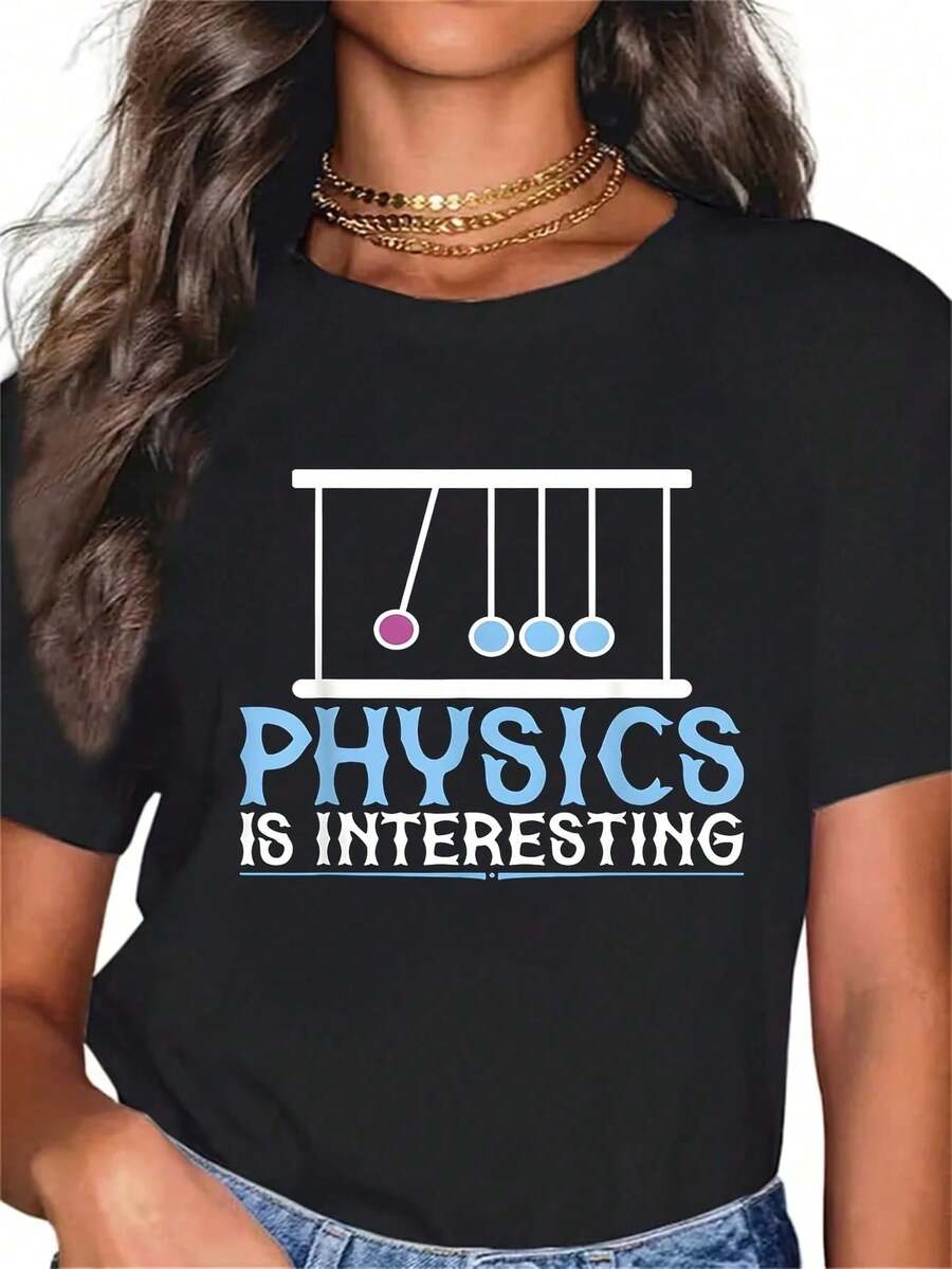 La Física Es Divertida, Camiseta de Talla Grande para Mujer, Diseño Gráfico, Manga Corta, 220g, 100% Poliéster, Estilo Casual, Cuello Redondo - Negro - Ver 1