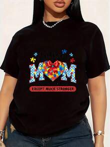 Camiseta de Talla Grande para Mujer AutismAwareness Mom, 1 Pieza, Divertida, con Estampado Gráfico, Manga Corta, Novedosa, 100% Algodón, Cuello Redondo Casual, 220g - Negro - Ver 1