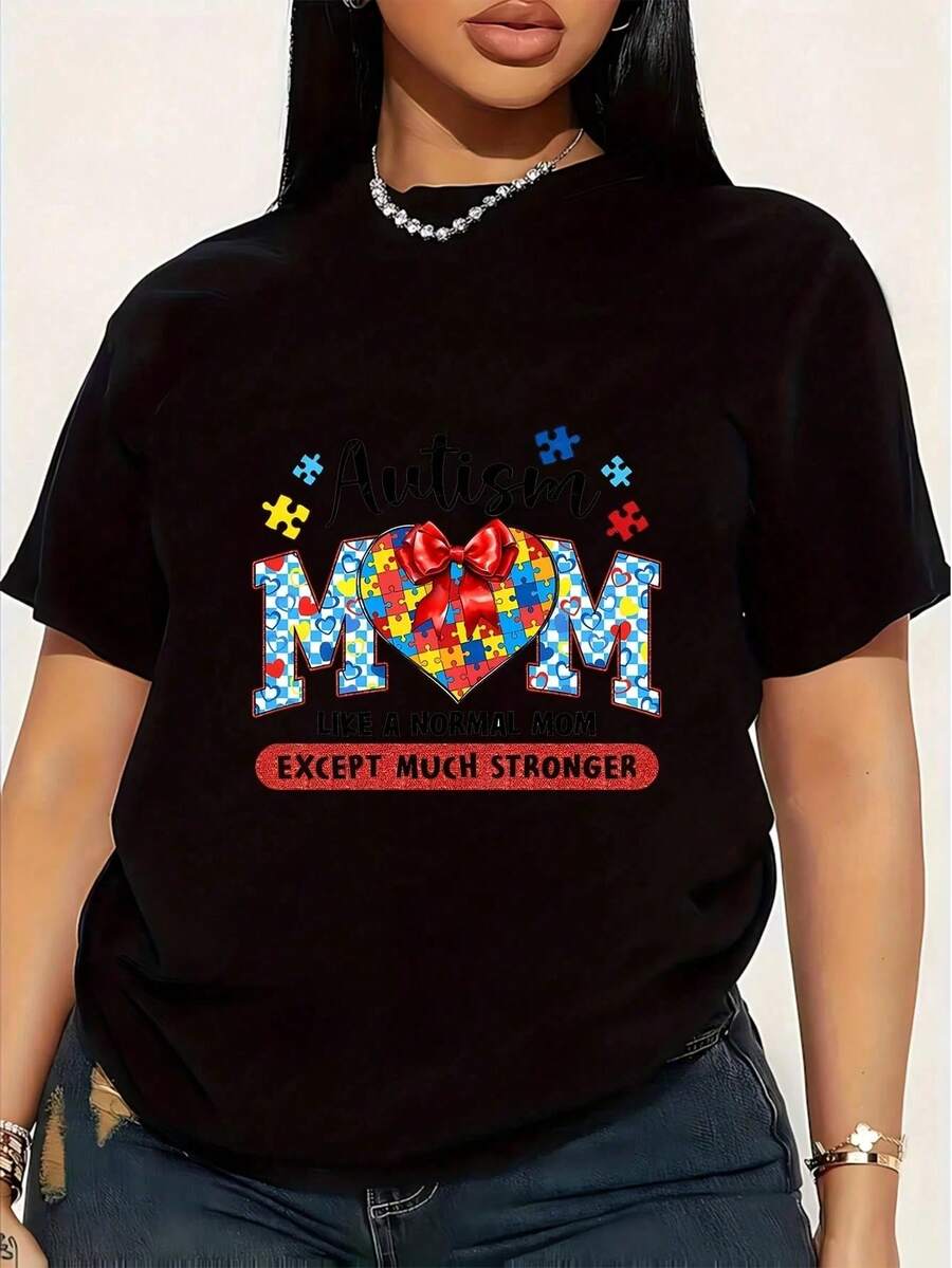 Camiseta de Talla Grande para Mujer AutismAwareness Mom, 1 Pieza, Divertida, con Estampado Gráfico, Manga Corta, Novedosa, 100% Algodón, Cuello Redondo Casual, 220g - Negro - Ver 1