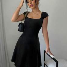 Nuevo vestido de mujer de moda con cuello cuadrado y mangas cortas en línea A, de unicolor con gran elasticidad, de estilo elegante y sofisticado, ajuste ceñido - Verde - Ver 6