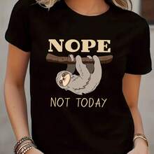 Women's T-Shirt With Sloth Print, Breathable, Crew Neck, Machine Washable, Everyday Comfort, Short Sleeve, Fun Design, Comfortable Fit - 黑 - 查看 2