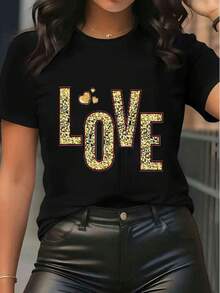 Women's Pure Cotton Short Sleeve T-Shirt Casual Summer Graphic LOVE Print Loose Fit Basic Top - Black - View 6