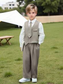 Young Boys 2pcs Set Exquisite Young Boy Formal Wear Vest + Shorts Suit Set Gentleman Style Spring Autumn Summer - Khaki - View 2