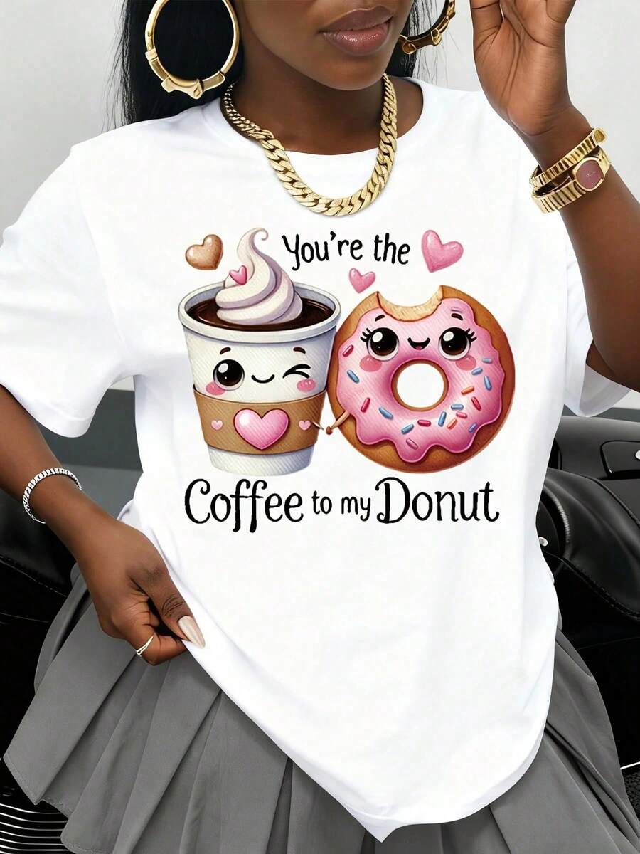 You're The Coffee In My Donut, Cute Couple T-Shirt, For Women And Men, Valentine's Day Gift, Romantic Love T-Shirt, Funny Lovers Design, White T-Shirt. - 白色 - 查看 1