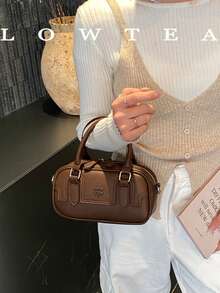 Low Tea 1pc Solid Color PU Fabric Handbag Women's Vintage Fashion Bowling Bag Top Double Handle Design Zipper Closure Detachable Adjustable Shoulder Strap For Shoulder And Crossbody Use Suitable For Travel, Shopping, Dating, Women's Gift (Sold With Pendant, See Size Chart For Display) - Brown - View 6