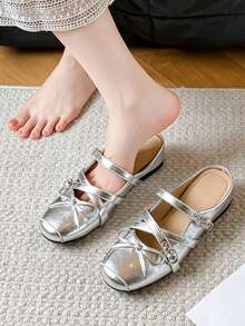 zuandashu Pantuflas cómodas y suaves estilo francés para mujer, zapatos planos sin talón con altura oculta elegante en color plateado con lazo, talla 34-42, adecuados para vestidos, oficina, interior/exterior, mocasines tipo mule, todas las estaciones - Plateado - Ver 8