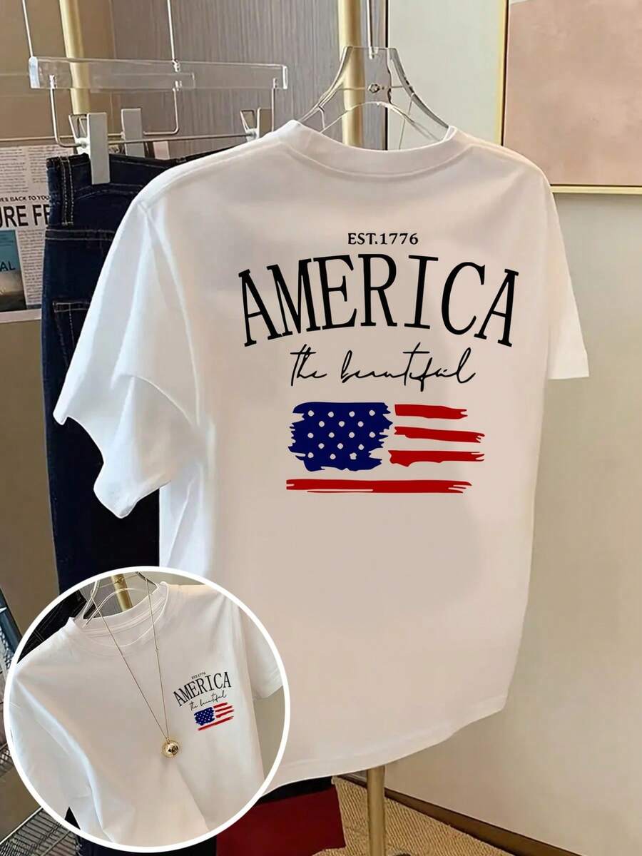 Camiseta de algodón puro con estampado de América la hermosa bandera estadounidense estilo vintage para hombres y mujeres moda casual verano - Blanco - Ver 1