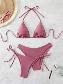Basics 3 Pieces/Set Solid Color Women's Bikini Set For The Beach In Summer Strand Outfit Damen Strandkleid Bikini Set Damen Bikini Set Badeanzug - Rusty Rose - View 1