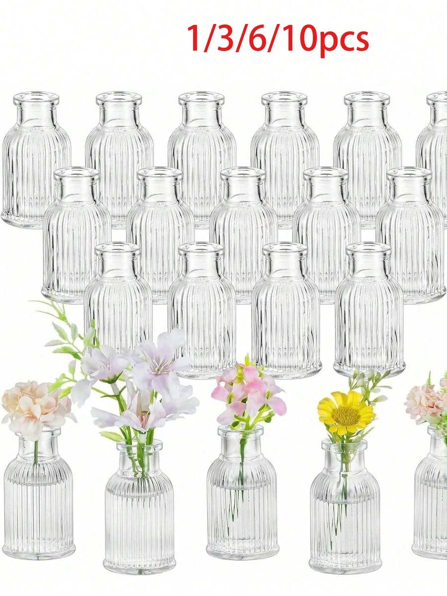OBOVAY 1/3/6/10pcs Set Glass Vases, Small Exquisite Transparent Striped Modern & Vintage Style Vases For Table Centerpiece, Wedding, Party, Table Setting, Home Decor And Room Decoration