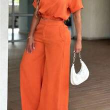 jianchaimaoyi02 Conjunto de top corto con escote entallado y pantalones de pierna ancha de unicolor minimalista para uso casual y diario, elegante en negro para primavera/verano/otoño - Albaricoque - Ver 6