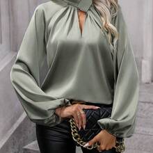 Clasi Camisa casual sólida de manga larga y sencilla con diseño hueco para mujer - Verde militar - Ver 8