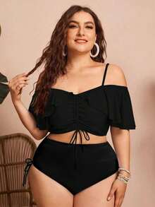 Swim Chiccia Women's Solid Color Spaghetti Strap Off-Shoulder 2-Piece Bikini Set With Ruffles And Drawstring - Elegant And Stylish For Vacation - Black - View 1