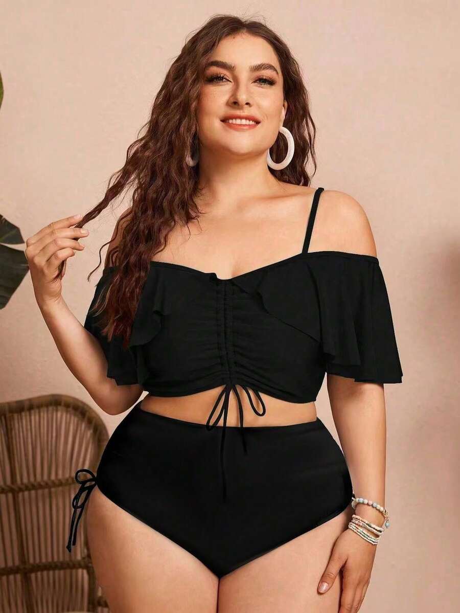 Swim Chiccia Women's Solid Color Spaghetti Strap Off-Shoulder 2-Piece Bikini Set With Ruffles And Drawstring - Elegant And Stylish For Vacation - Black - View 1