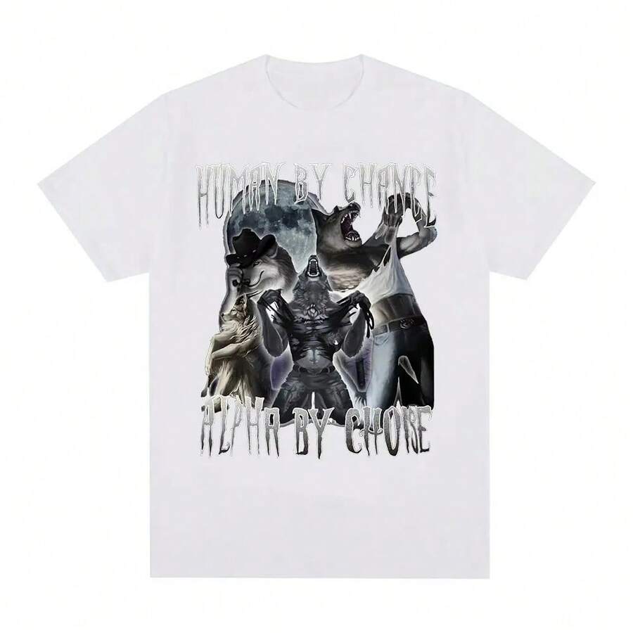 Human By Chance Alpha By Choice Wolf, Funny Meme T-Shirts, Casual Cotton T-Shirt For Men And Women, Oversized Vintage Short Sleeve T-Shirts - 白色 - 查看 1