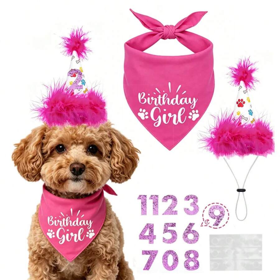 Set de Fiesta de Cumpleaños para Perros: Pañuelo, Falda, Sombrero, Pajarita, Globo.Productos y Suministros para Celebración del Nacimiento de Cachorros y Gatos. al por Mayor. - Conjunto rosa - Ver 1